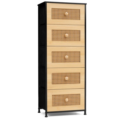 Crestlive Products Vertical Dresser for Bedroom Storage Tower With Steel Frame Wood Top Easy Pull Fabric Bins