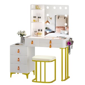 Fredees Dressing Table: Mirror, Lights, Drawers, 2 Shelves, Bedroom Vanity Set with 10 Light Bulbs, Charging Station - 1 of 4
