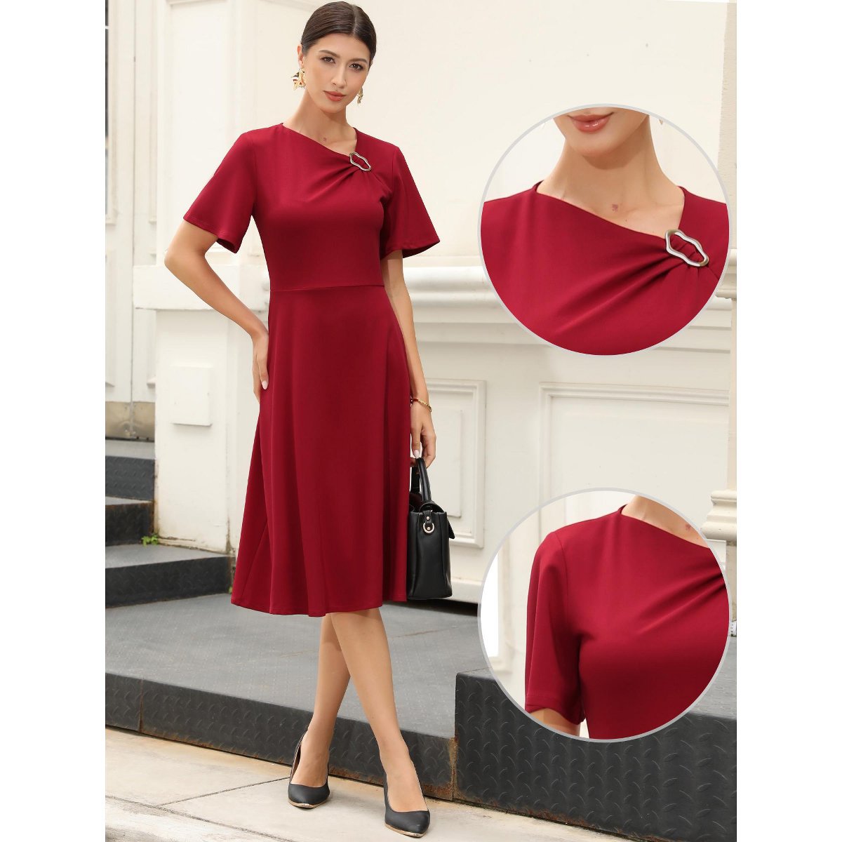 Женские платья INSPIRE CHIC Women's Work Short Sleeve A-Line Business Casual Midi Dresses X-Large Red — фото 2