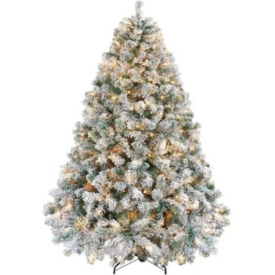 homfan Flocked Christmas Tree, Artificial Trees with 250 Lights,  8 Modes Lights, Foldable Stand, On/Off Foot Pedal
