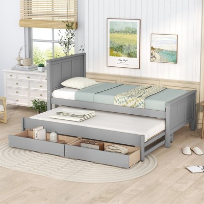 Twin Size Platform Bed With Headboard Solid Pinewood Platform Bed Frame With Trundle Storage Drawers For Boys Girls Teens, No Box Spring Needed Grey