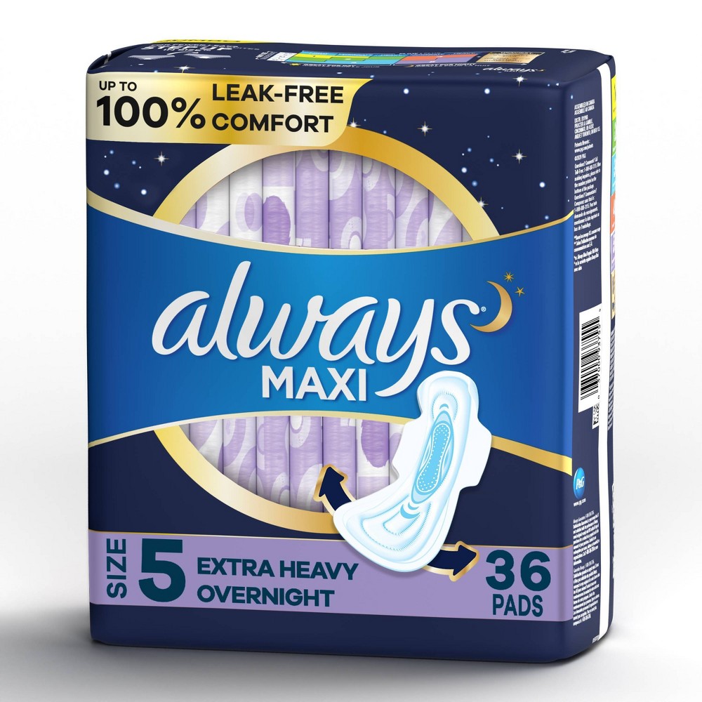 Always Maxi Pads Size 5 Overnight Absorbency Unscented with Wings, 36 Count