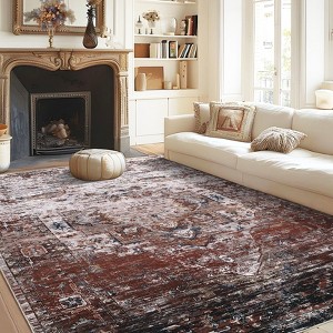 Washable Area Rug, Ombre Vintage Distressed Low Pile Non-Slip Carpet, Ultra-Thin Accent Rug for Bedroom, Living Room, Dining Room - 1 of 4