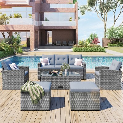 Outdoor 6-Piece Wicker Seating Set, All-Weather PE Rattan Seating Set with Coffee Table and Ottomans, Seating Chair with Gray Cushions–Cuddlewood
