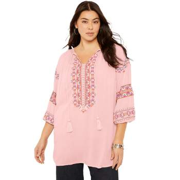 June + Vie by Roaman's Women's Plus Size Embroidered Peasant Blouse
