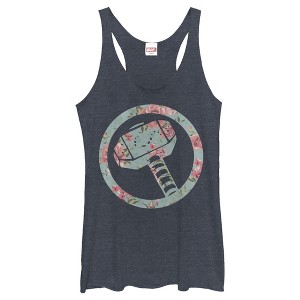 Women's Marvel Thor Hammer Floral Print Racerback Tank Top - 1 of 3