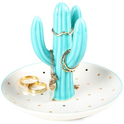 Okuna Outpost Blue Cactus Ceramic Ring Holder, Polka Dots Jewelry Dish (4.6 x 3.9 Inches)