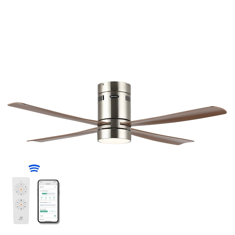 Photos - Fan JONATHAN Y Theo 52" 1-Light Iron/Acrylic Mobile-App/Remote Control 6-Speed Integrated Ceiling  Nickel/Brown Wood Finish: