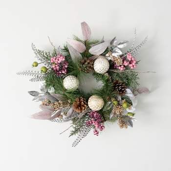 17"H Sullivans Mixed Ball Pine Christmas Mini Wreath, Multicolored