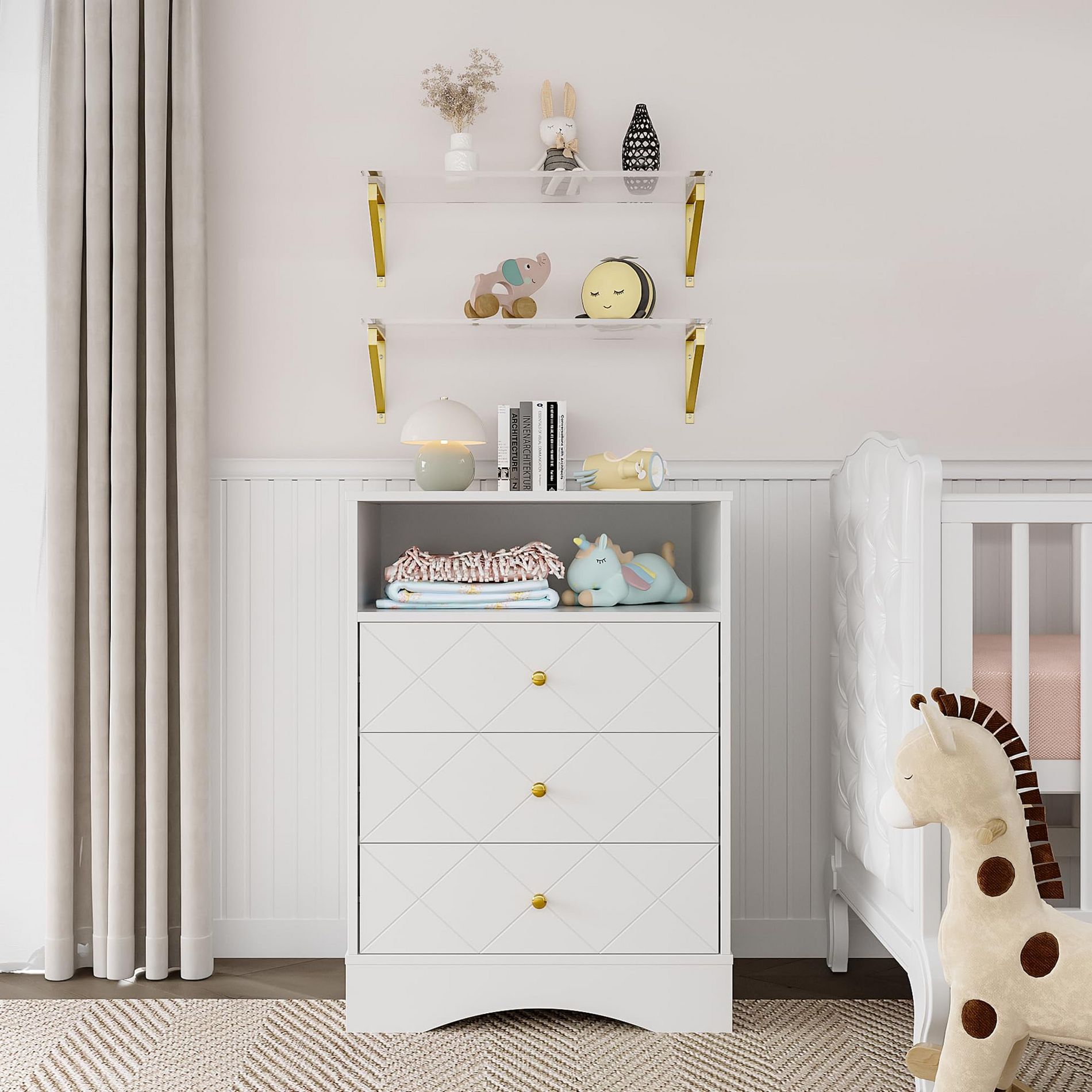 Heynemo Dresser with Drawers & Floating Shelves, 3 Drawer Dresser with Open Storage & Painted Finish, for Bedroom, Closet, Hallway, White