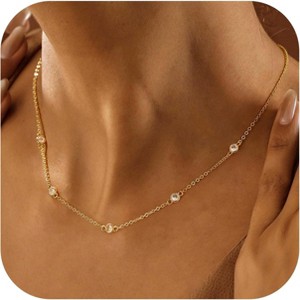 14K Gold Plated Charm Choker Necklace with Pearl & Clover, Cubic Zirconia Dainty Trendy Jewelry Gift for Women - 1 of 4