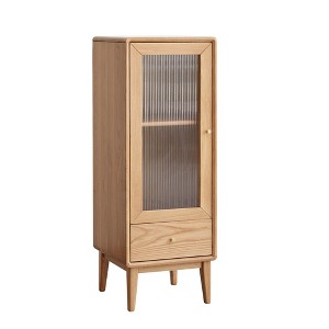 Dolonm Solid Oak Storage Cabinet with Vintage Glass Door and Brass Handle, 2 Shelves- Free-Standing Corner Design for Living Room - 1 of 4