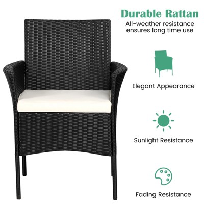 Black Rattan Outdoor Dining Chairs with Cushions, Set of 2