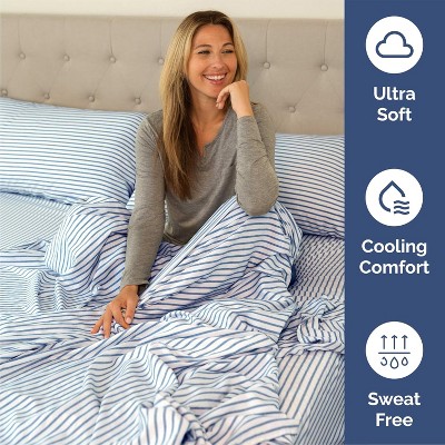 Full Size Blue Striped Microfiber Deep Pocket Sheet Set