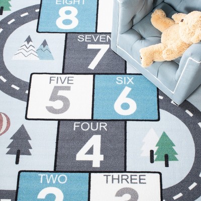 Grey and Blue Kids Hopscotch Play Rug, 39" Square