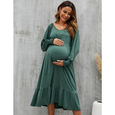 Coolmee Women Casual Smocked V Neck Lantern Long Sleeve Flowy Ruffled Maternity Midi Dress For Baby Shower Photoshoot