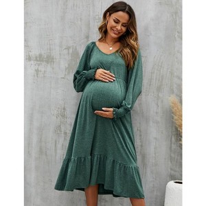 Coolmee Women Casual Smocked V Neck Lantern Long Sleeve Flowy Ruffled Maternity Midi Dress For Baby Shower Photoshoot - 1 of 4