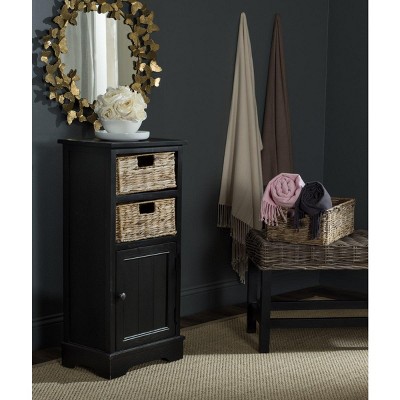 Distressed Black Pine Wood Accent Cabinet with Wicker Baskets