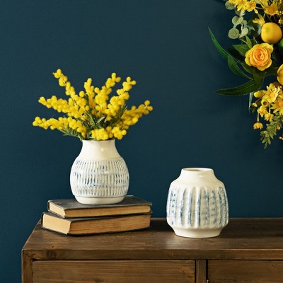 Soft Blue & White Glazed Ceramic Vase Set 6" Trio