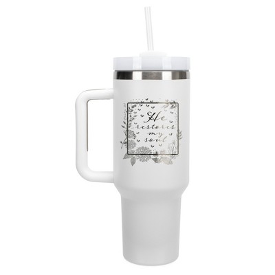 Elanze Designs He Restores My Soul Psalm Floral Frame 40 oz. Stainless Steel, Large Water Bottle Coffee Mug, Spill & Leak Resistant, Thermal Travel