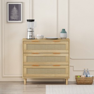 Rattan 3 Drawer Dresser, Modern Oak Bedroom Chest with Deep Storage, 31.5" Wide Cabinet Organizer-3irtyhousy - 1 of 4