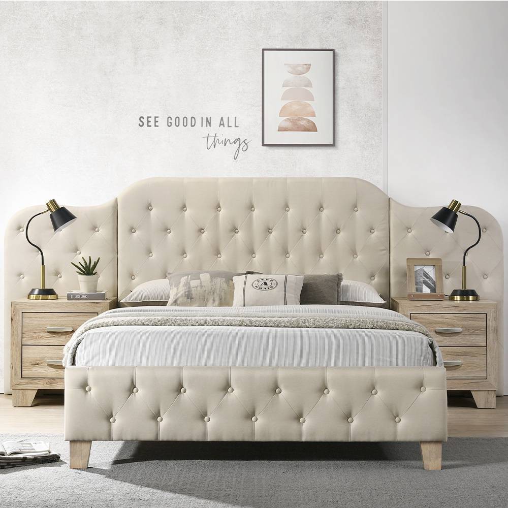 Photos - Wardrobe 117.99" Queen Bed Ranallo Bed Beige Linen Natural Finish - Acme Furniture