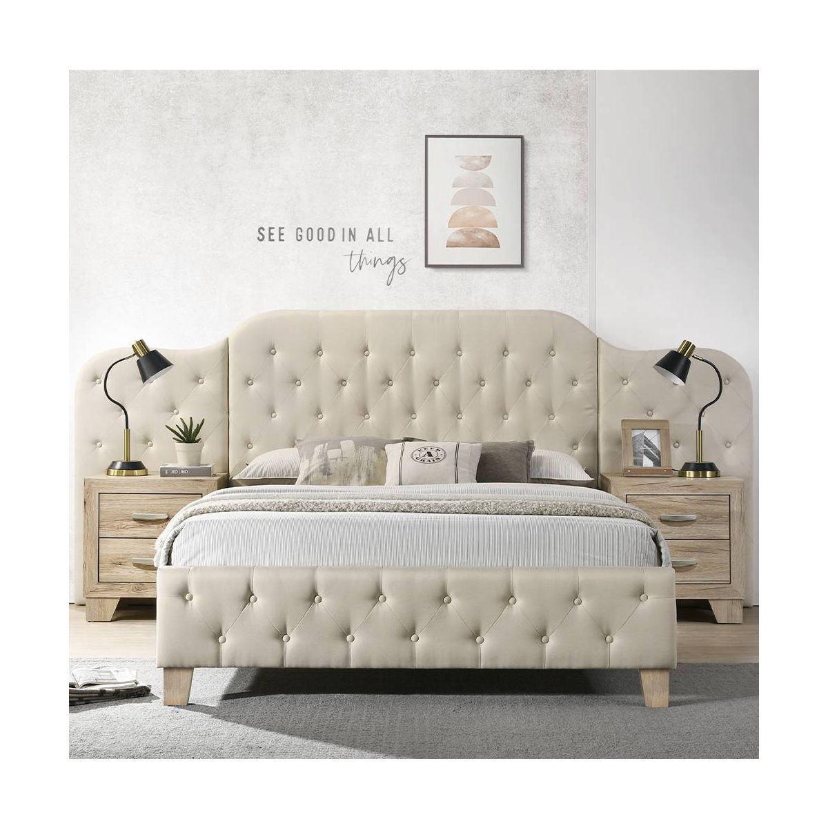 117.99" Queen Bed Ranallo Bed Beige Linen Natural Finish - Acme Furniture - thumbnail 6