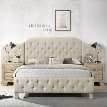 117.99" Queen Bed Ranallo Bed Beige Linen Natural Finish - Acme Furniture