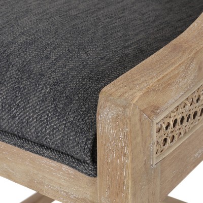 Charcoal and Natural Wood Cane Upholstered Barstools, Set of 2