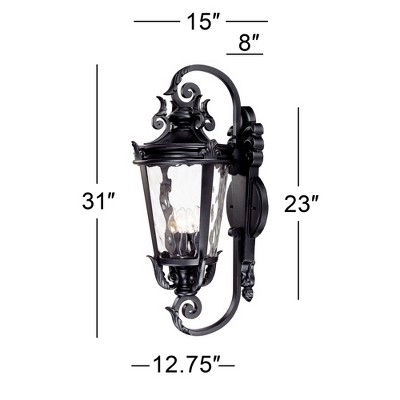 Textured Black Mediterranean Outdoor Wall Light with Clear Hammered Glass