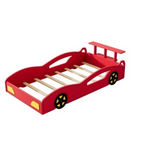 VYNXARIA Eye - Catching Red & Yellow Wooden Race Car Bed: Car - Shaped Platform Twin Bed with Wheels, Perfect for Teens - 1 of 4