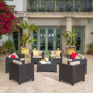 Christopher Knight Home Jenny  Outdoor 8 Piece Wicker Chat Set with Water-Resistant Cushions - 1 of 4