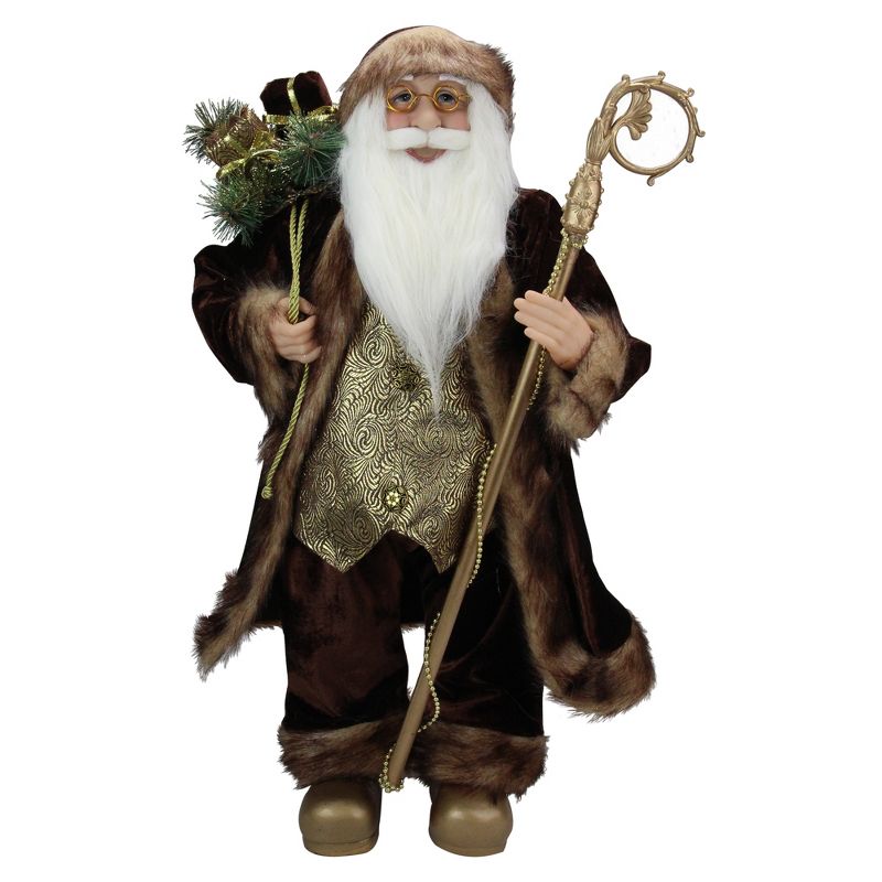 Northlight 24" Gold and Brown Standing Santa Claus Christmas Figurine with Staff, 1 of 6