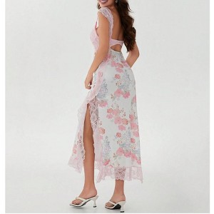 Nmoder Lace Patchwork Maxi Dress - Sexy V-Neck Cutout & Backless Slit Bodycon Party Dress for Small Chest - 1 of 4