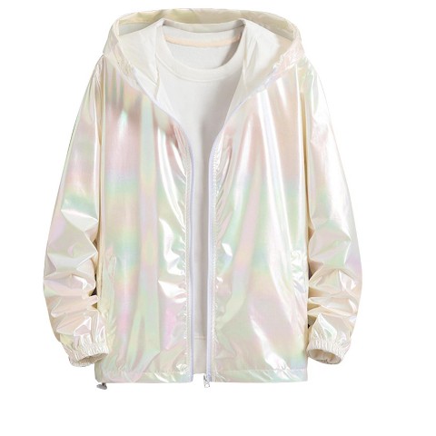 INSPIRE CHIC Men's Metallic Lightweight Zip Up Holographic Hooded Jackets X Large White