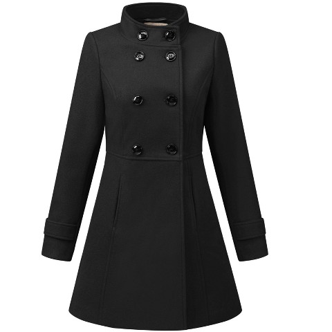 INSPIRE CHIC Women's Stand Collar Double Breasted Slant Pockets Trendy Outwear Winter Coat Black Large