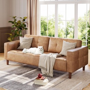 Mid-Century Faux Leather 3-Seater Sofa Couch with Spring Cushions and Removable Back Pillows - 1 of 4