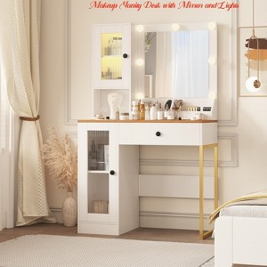 Bedroom Makeup Vanity Desk w/ Mirror and Lights, Vanity Table w/ Charging Station, RGB Lights Wood Dressing Table - 1 of 4
