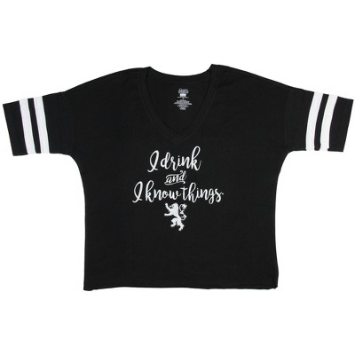 Seven Times Six Game of Thrones Women's I Drink And I Know Things Football Cutoff T-Shirt Black