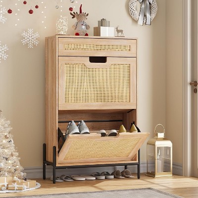 Hidden Rattan Shoe Storage Cabinet with 2 Flip Doors & Drawer, Adjustable Freestanding Shoe Organizer with Metal Legs for Entryway & Hallway