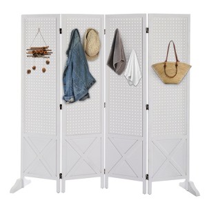 VINGLI 4 Panel Freestanding Pegboard with Feet, 5 FT Wood Room Divider Display Board, Partition Space Separator for Craft Shows Retail (White) - 1 of 4