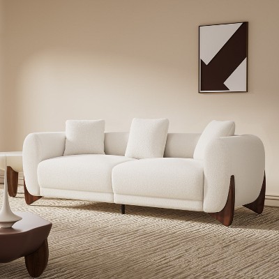 Mid Century Modern White Sofa with Lamb Wool Fabric, Upholstered Living Room Sofa with Waist Cushion - Morden Fort