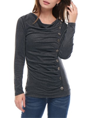 Allegra K Women's Cowl Neck Long Sleeves Buttons Decor Solid Ruched Top