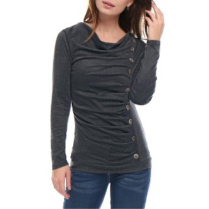 Allegra K Women's Cowl Neck Long Sleeves Buttons Decor Solid Ruched Top - 1 of 4