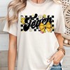 Teach Checkered Coquette Bow T-Shirt, White and Natural Retro Tee for Trendy Teachers| OrnamentallyYou - 4 of 4