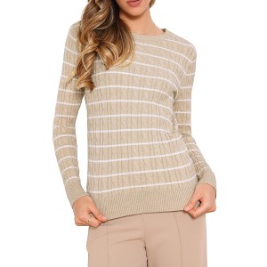 Allegra K Women Striped Round Neck Hollow Long Sleeve Regular Fit Casual Fall Winter Trendy Sweater - 1 of 4