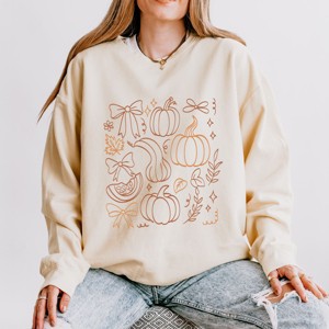 Simply Sage Market Coquette Pumpkin And Leaves Outline Lightweight Garment Dyed Sweatshirt - 1 of 4