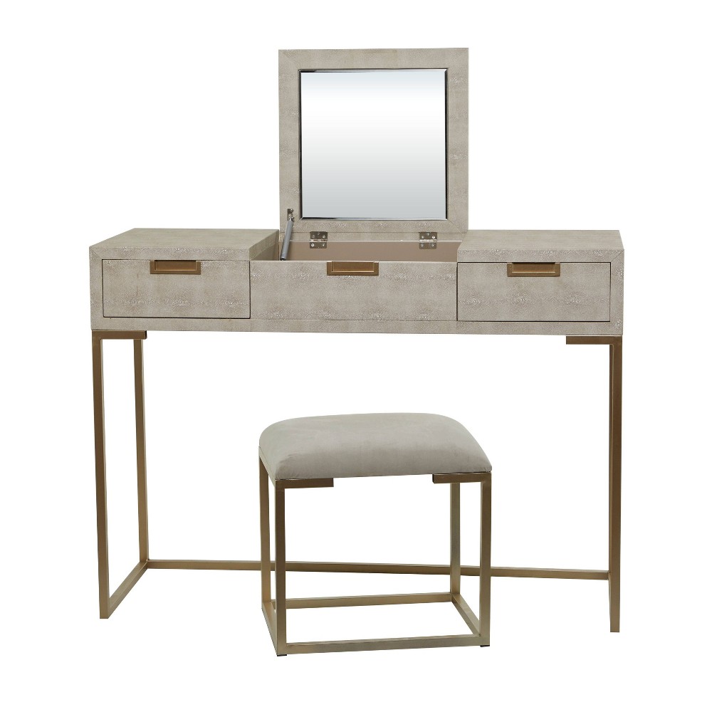 Contemporary Wood Console Dressing Table Desk with Mirror and Stool Light Gray Set - Olivia & May