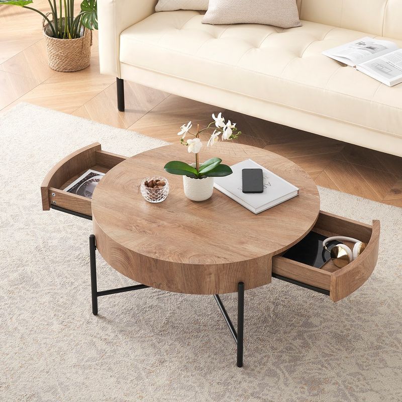 Whizmax Farmhouse Round Coffee Table Solid Wood Center Table with Two Drawers, Brown, 2 of 10