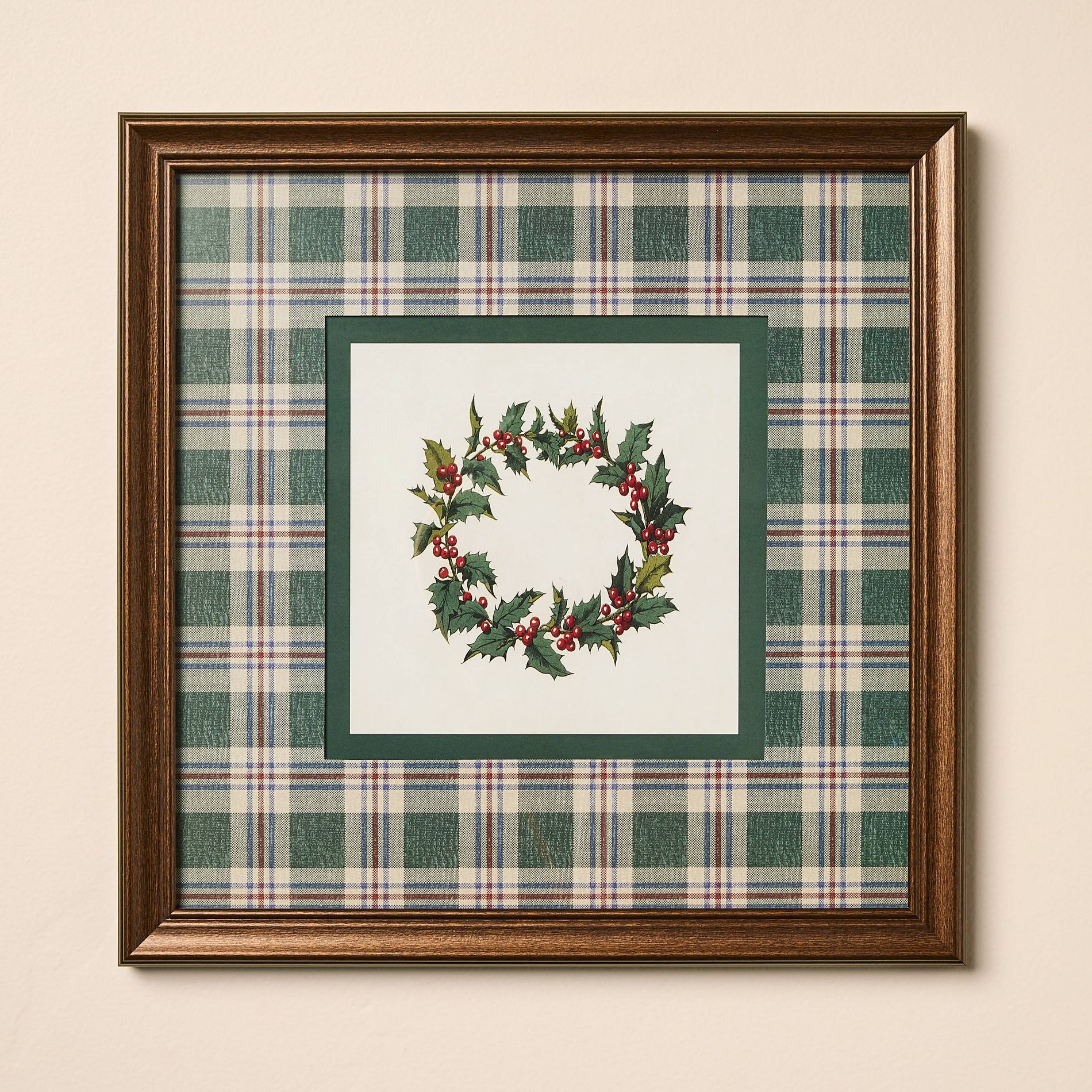 12"x12" Vintage Green Plaid Matte Wreath Framed Wall Art - Hearth & Hand™ with Magnolia